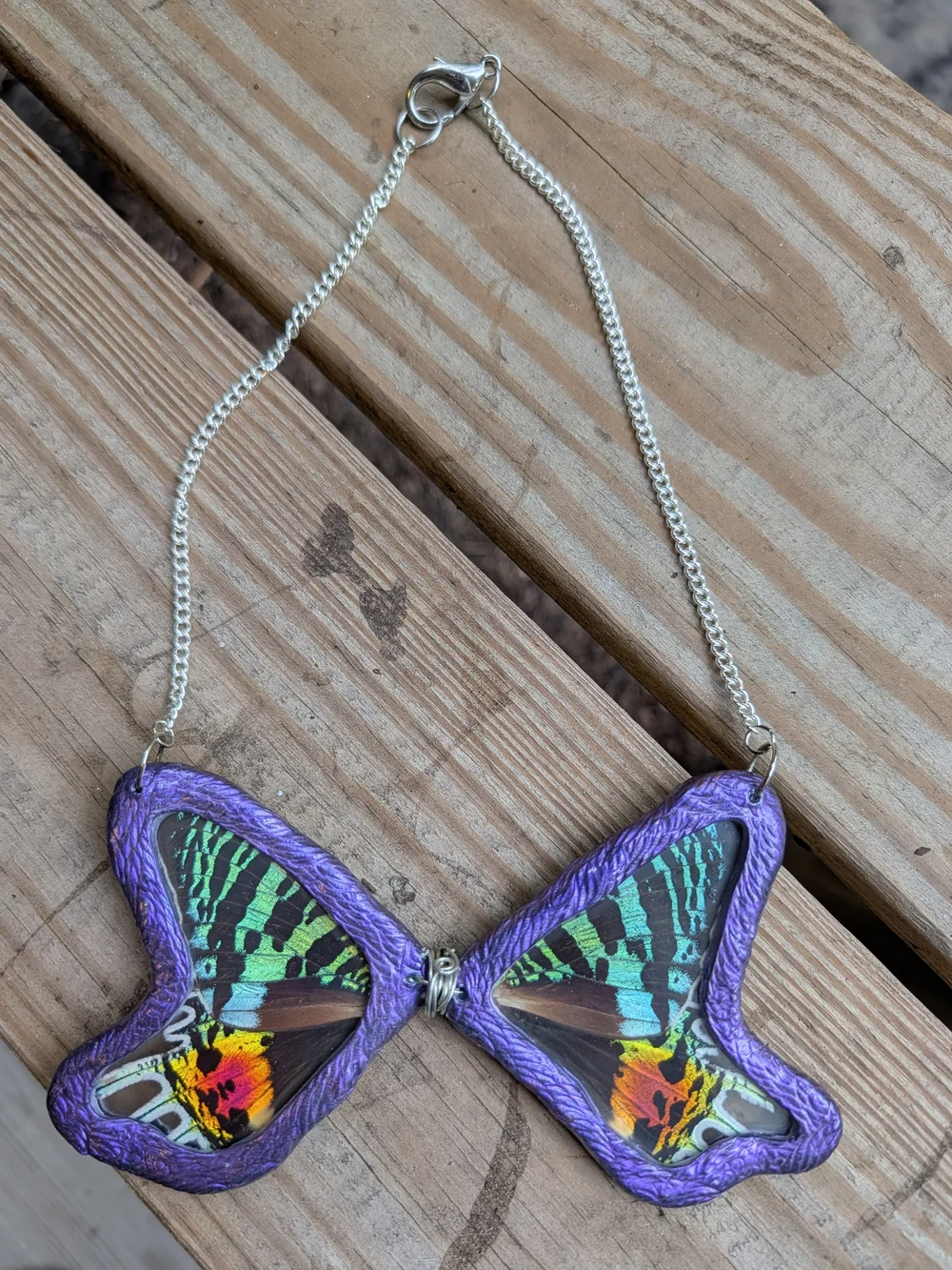 Hand Crafted Purple Butterfly Wing Necklace with Teal and Orange Accents